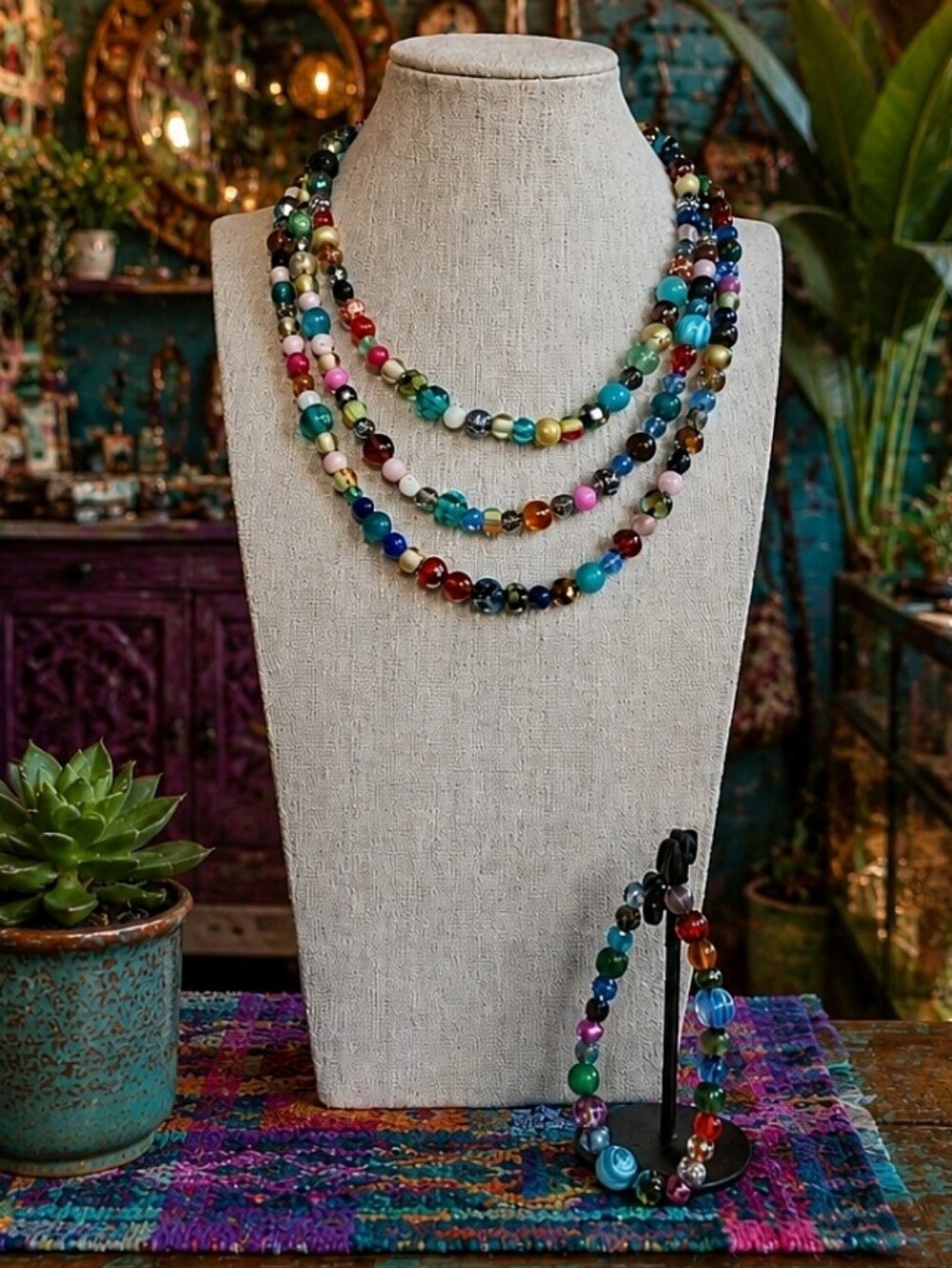 3 Pieces Set Faceted Art Glass Beads Vintage 2 Necklaces Bracelet Multi Colored